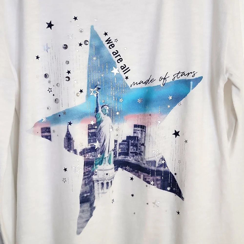 Justice Girls Long Sleeve Statue of Liberty Graphic Tee White Blue Size 10